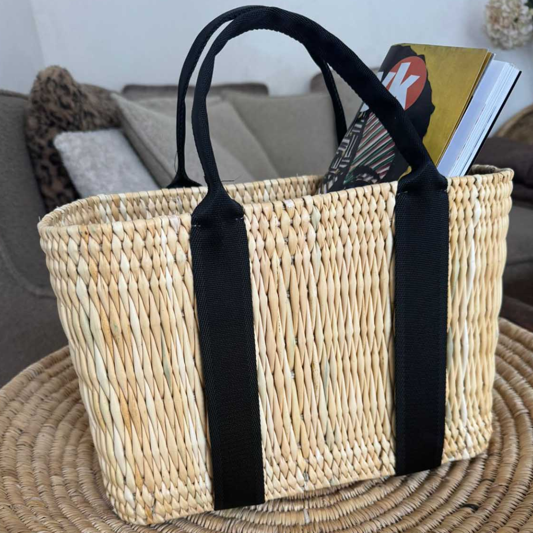 Black Strap Straw Basket