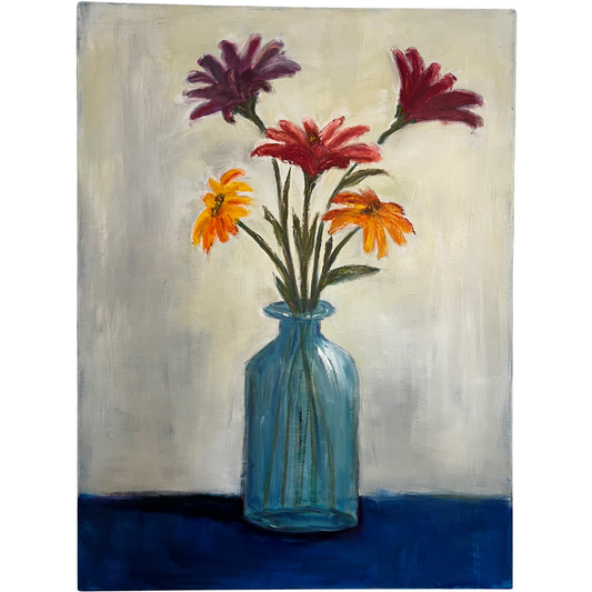 Zinnias in Blue Bottle Art